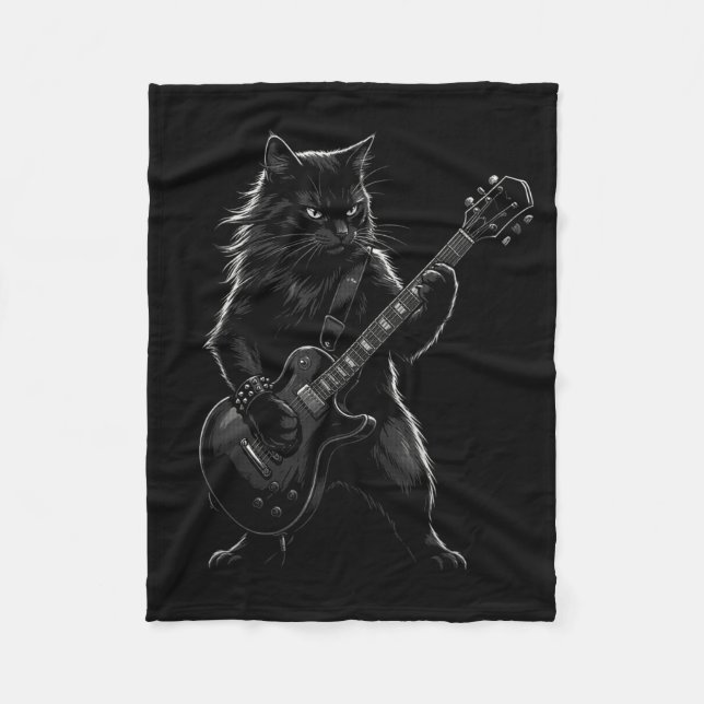 Black Cat Playing Electric Guitar Gothic Rocker  Fleece Blanket (Front)