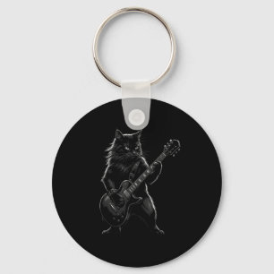 Black Cat Playing Electric Guitar Gothic Rocker Key Ring