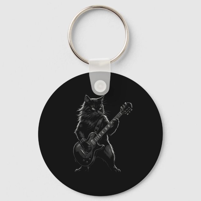 Black Cat Playing Electric Guitar Gothic Rocker  Key Ring (Front)