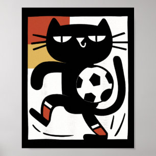 Black Cat Playing Soccer Funny Football Cartoon Poster