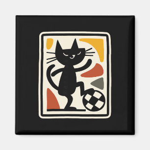 Black Cat Playing Soccer Retro Sports Style Artwor Magnet