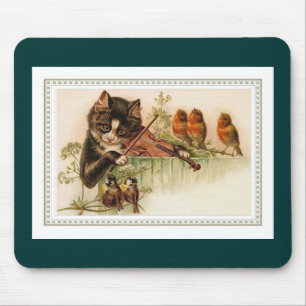 Black Cat Playing the Violin for Songbirds Mouse Pad