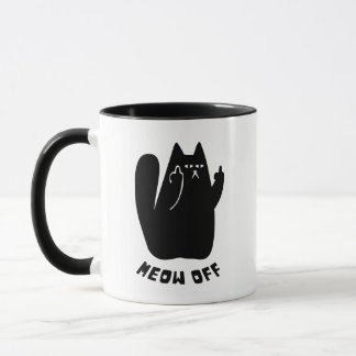 Black Cat pointing middle finger and says meow off Mug