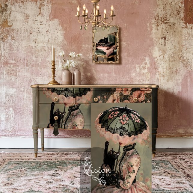 Black Cat Portrait & Parasol Victorian Woman Tissue Paper (Cat Lady, Victorian Woman, black cat & Parasol, French, Salmon pink and Sage Decoupage tissue paper)