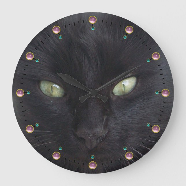 BLACK CAT PORTRAIT WITH EMERALD EYES,Pink Gemstone Large Clock (Front)