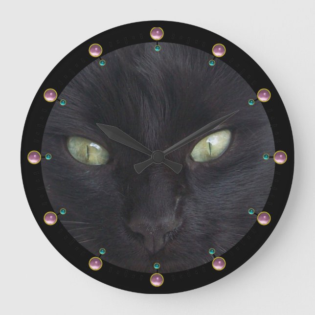 BLACK CAT PORTRAIT WITH EMERALD EYES,Pink Gemstone Large Clock (Front)
