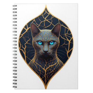 Black Cat Portrait With Gold Geometric Diamond Fra Notebook