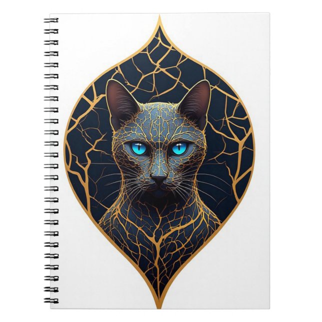 Black Cat Portrait With Gold Geometric Diamond Fra Notebook (Front)