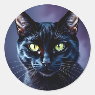 Black Cat Portrait with Green Eyes Classic Round Sticker