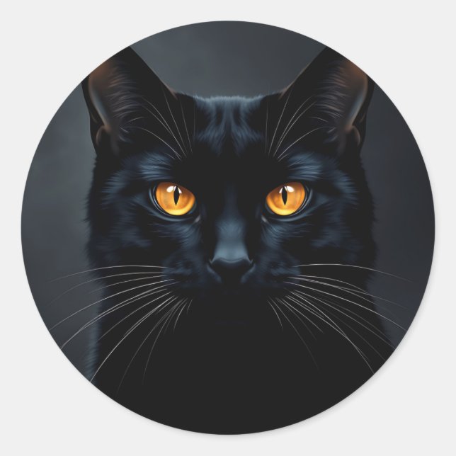 Black Cat Portrait with Yellow Eyes Classic Round Sticker (Front)