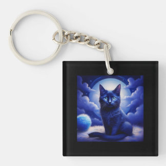 Black Cat Posing In Front Of Moon And White Clouds Key Ring