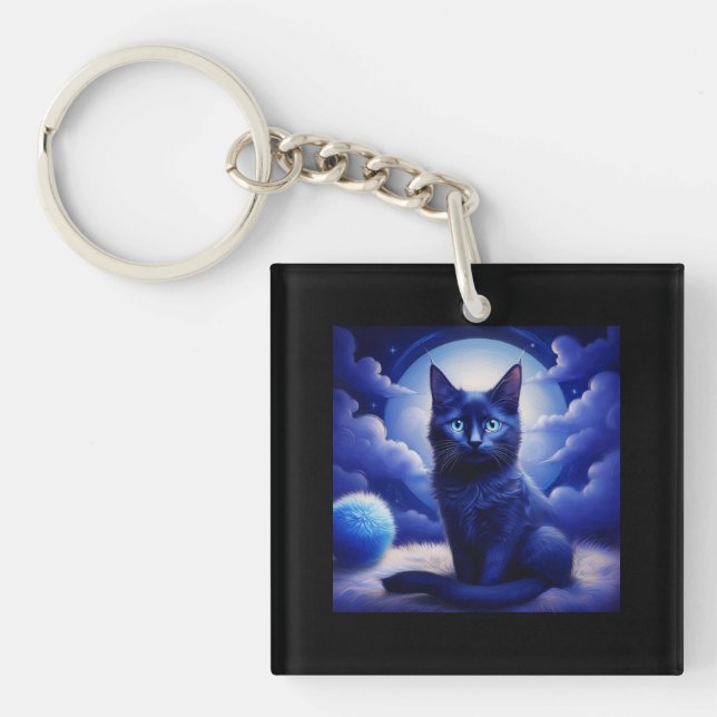 Black Cat Posing In Front Of Moon And White Clouds Key Ring (Front)