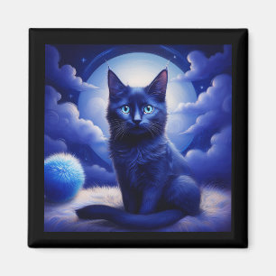 Black Cat Posing In Front Of Moon And White Clouds Magnet