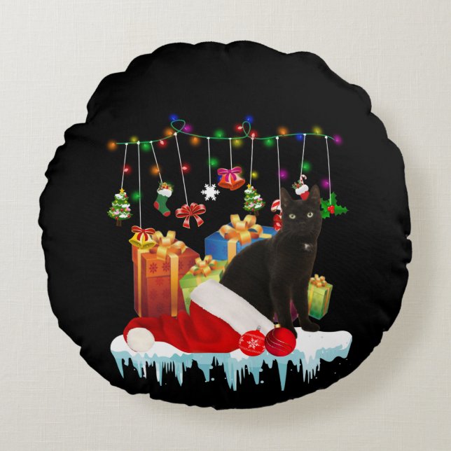 Black Cat Present Of My Christmas Round Cushion (Front)