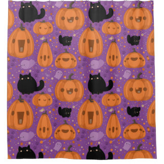 Black cat Pumpkin and Ghost Pattern Shower Curtain