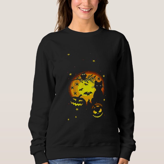 Black Cat Pumpkin And Owl Halloween Full Moon Cute Sweatshirt (Front)