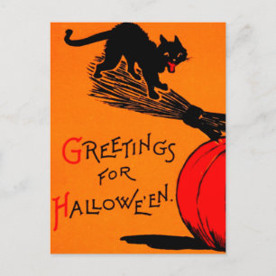 Black Cat Pumpkin & Broomstick Vintage Halloween Postcard
