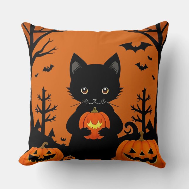 🐱🎃 Black Cat Pumpkin Cosy Halloween Night Charm  Cushion (Front)