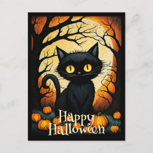 Black Cat Pumpkin Forest Happy Halloween  Postcard