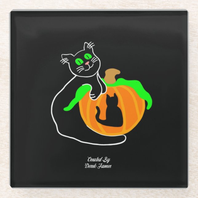 Black Cat Pumpkin Glass Coaster (Front)