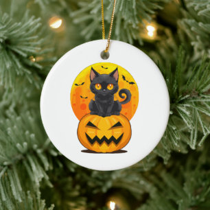 Black Cat Pumpkin Halloween Costume Ceramic Ornament