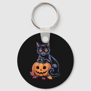 Black Cat Pumpkin Halloween Costume Retro Fall Key Ring