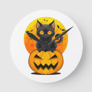 Black Cat Pumpkin Halloween Costume  Round Clock
