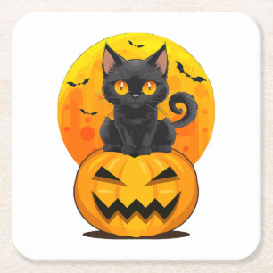 Black Cat Pumpkin Halloween Costume Square Paper Coaster