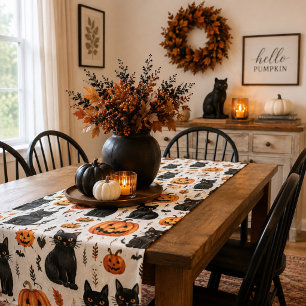 Black Cat Pumpkin Halloween Farmhouse Autumn Decor Short Table Runner