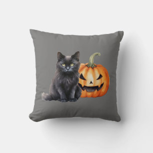 Black Cat & Pumpkin Halloween Throw Pillow