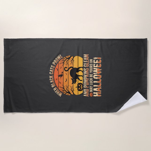 Black Cat Pumpkin Halloween Vector Design Beach Towel (Front)