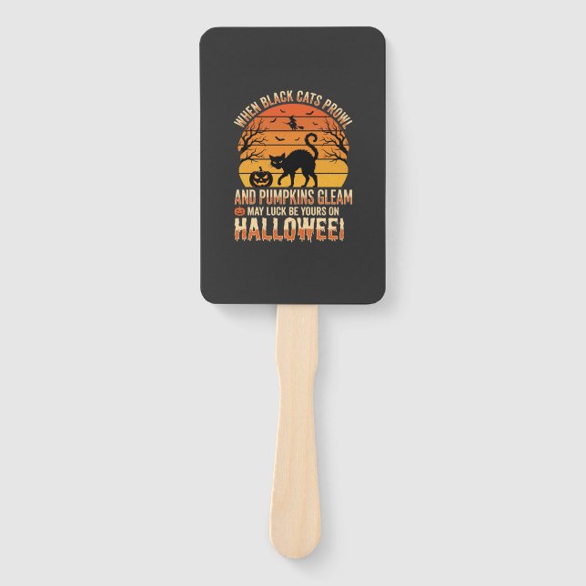 Black Cat Pumpkin Halloween Vector Design Hand Fan (Front)