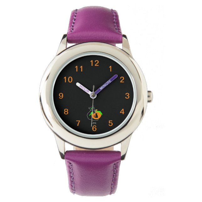 Black Cat Pumpkin Kid's Purple Leather Strap Watch (Front)