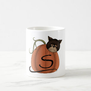 Black Cat Pumpkin Letter S Halloween Coffee Mug