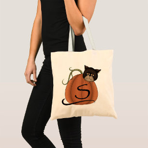 Black Cat Pumpkin Letter S Halloween Tote Bag