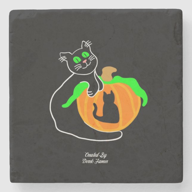 Black Cat Pumpkin Marble Stone Coaster (Front)