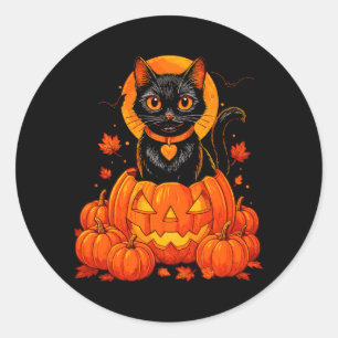 Black Cat Pumpkin Moon Halloween Autumn Fall Classic Round Sticker