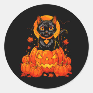 Black Cat Pumpkin Moon Halloween Autumn Fall Classic Round Sticker