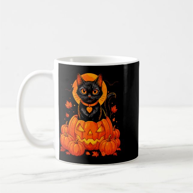 Black Cat Pumpkin Moon Halloween Autumn Fall Coffee Mug (Left)