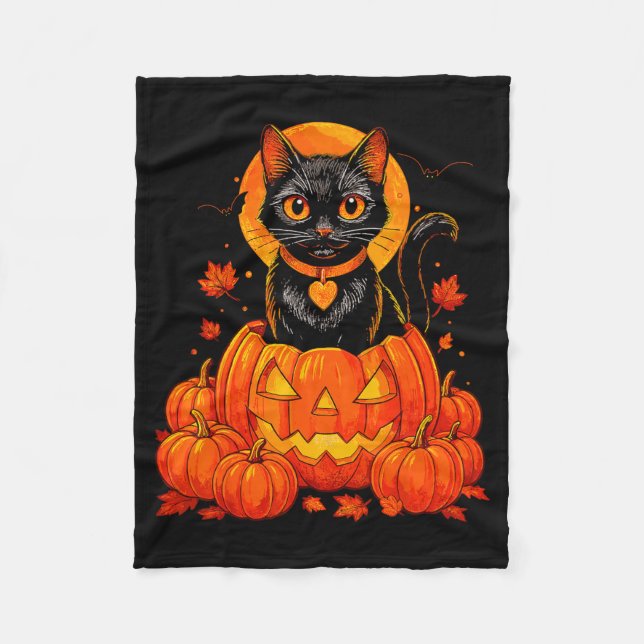 Black Cat Pumpkin Moon Halloween Autumn Fall Fleece Blanket (Front)