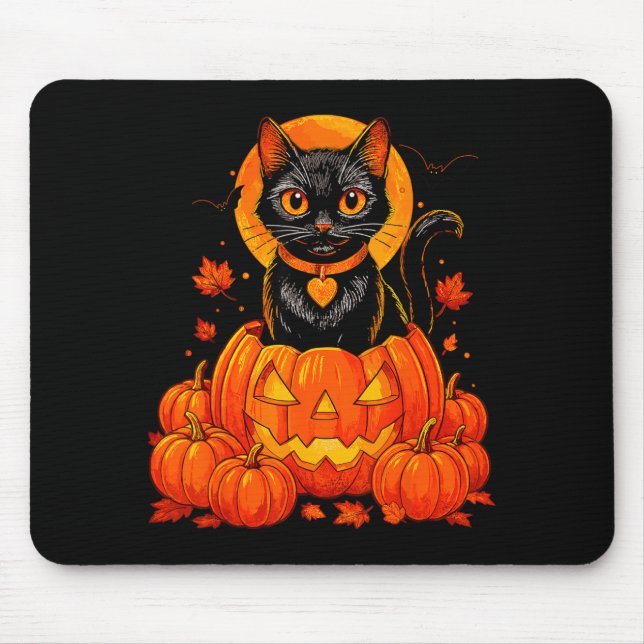 Black Cat Pumpkin Moon Halloween Autumn Fall Mouse Pad (Front)