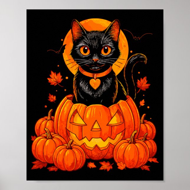Black Cat Pumpkin Moon Halloween Autumn Fall Poster (Front)