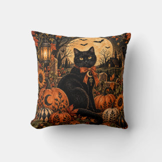 Black Cat Pumpkin Moon Halloween Throw Pillow