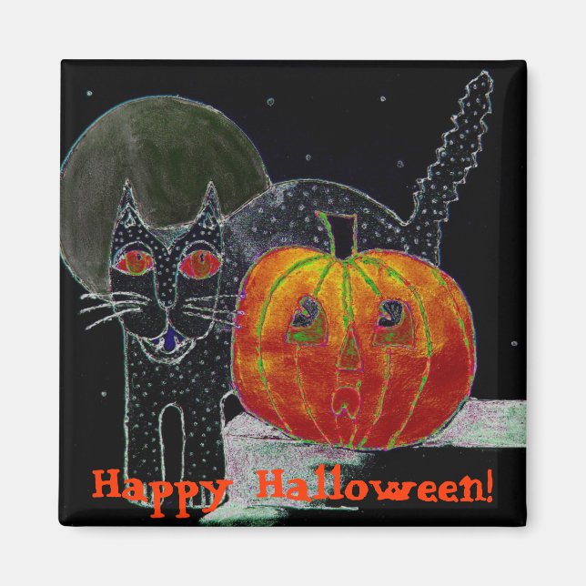 black cat pumpkin & moon magnet (Front)
