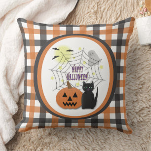 Black Cat & Pumpkin Not Scary Halloween Cushion