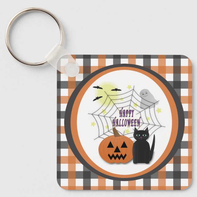Black Cat & Pumpkin Not Scary Halloween Key Ring (Front)