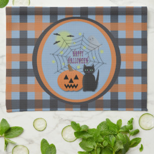 Black Cat & Pumpkin Not Scary Halloween Tea Towel