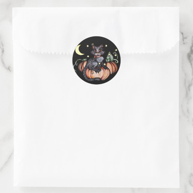 Black Cat Pumpkin Patch Moon                       Classic Round Sticker (Bag)