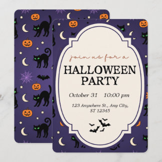 Black Cat Pumpkin Purple Halloween Party Invitation