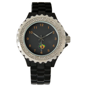 Black Cat Pumpkin Rhinestone Black Enamel Watch